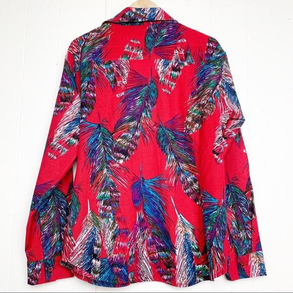 Red Linen Feather Print Bitton Up Blouse Women’s Size Medium - Picture 2 of 7